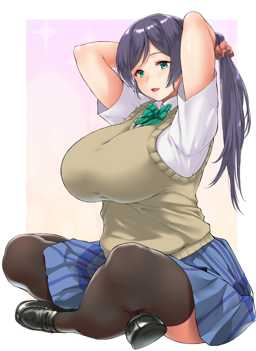 1girl, arms_behind_head, arms_up, bangs, black_footwear, black_legwear, blue_skirt, blush
