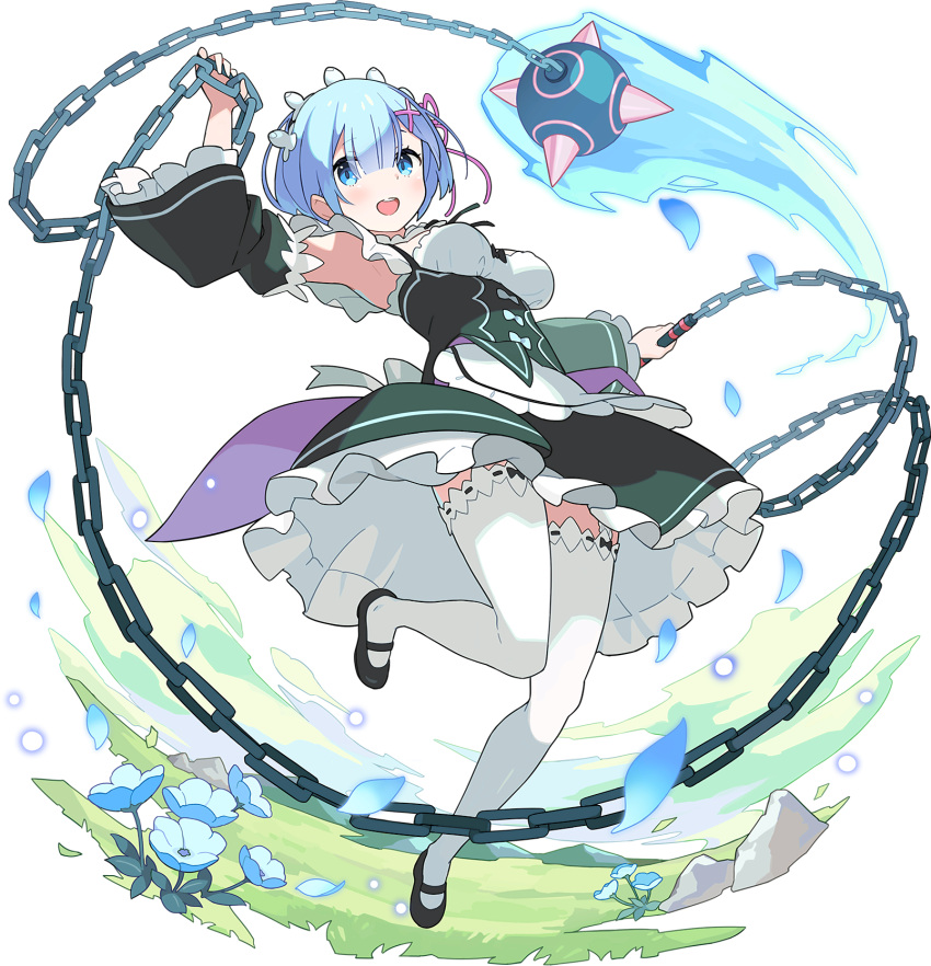 1girl, apron, arm_up, artist_request, back_bow, ball_and_chain_(weapon), bangs, black_dress