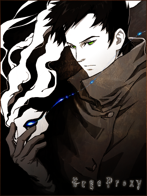 1boy, black_hair, denoro, ergo_proxy, glowing, glowing_eyes, green_eyes, holding