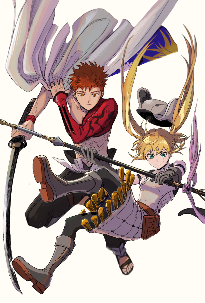 1boy, 1girl, artoria_pendragon_(all), artoria_pendragon_(caster)_(fate), bangs, blonde_hair, boots, emiya_shirou