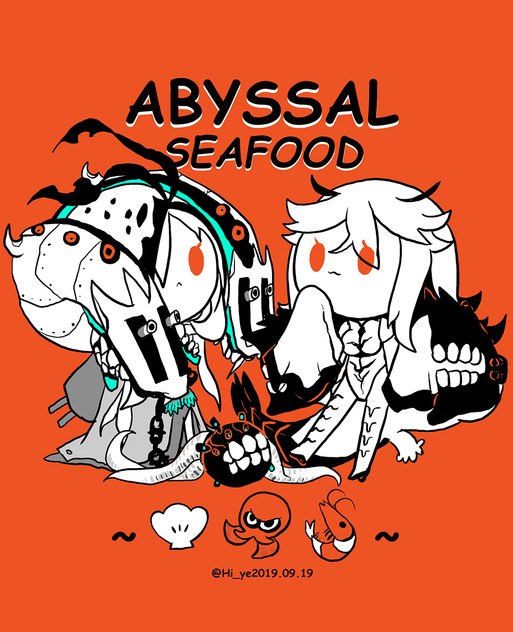 2girls, :3, abyssal_mediterranean_princess, abyssal_ship, chibi, clam, commentary, dated, enemy_naval_mine_(kancolle), english_text, entombed_air_defense_guardian_princess, hi_ye, highres, kantai_collection, multiple_girls, octopus, red_background, red_eyes, shrimp, signature, tagme, tentacles, title_page, triangle_mouth, twitter_username