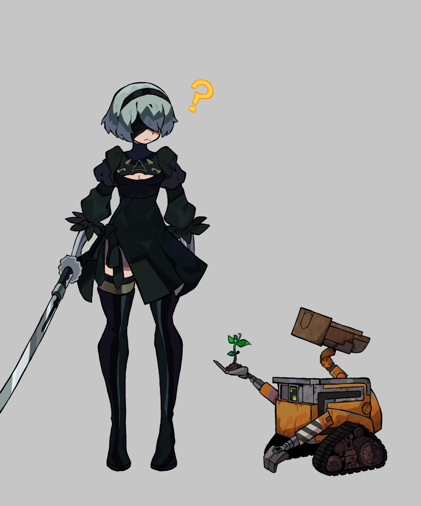1girl, ?, absurdres, black_blindfold, black_dress, black_hairband, black_legwear, blindfold
