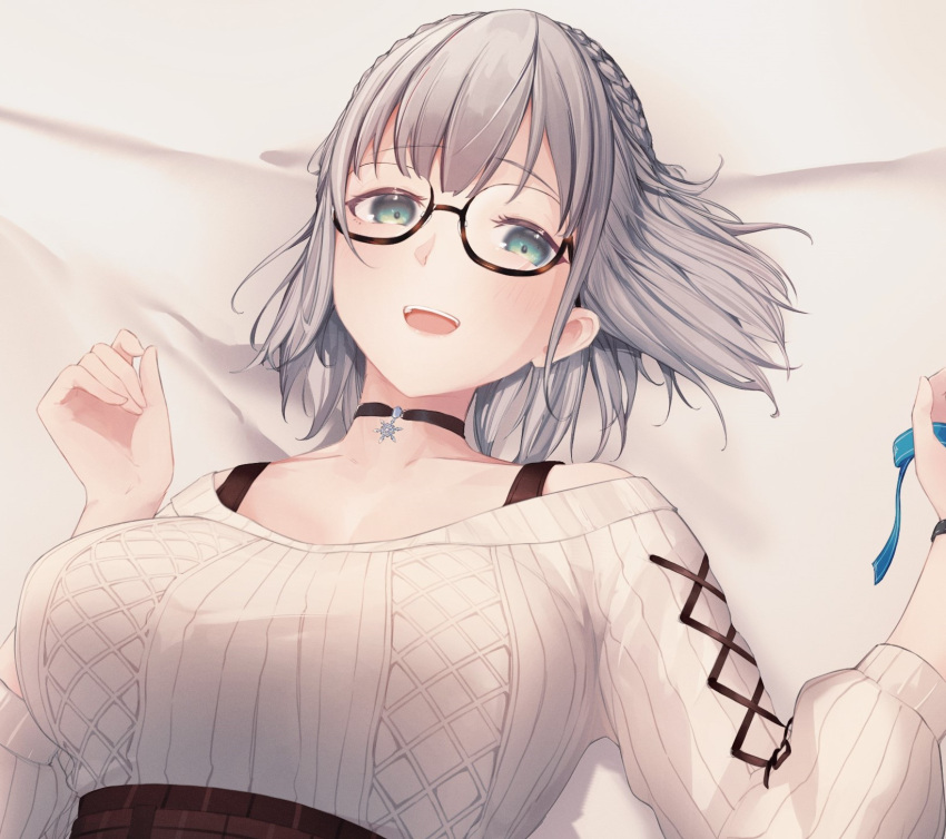 1girl, aqua_eyes, bed, bed_sheet, black_choker, blue_ribbon, blush, braid