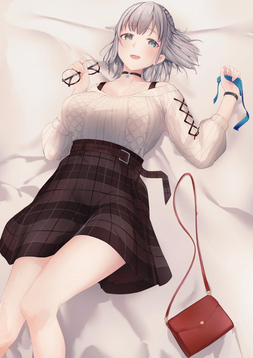 1girl, absurdres, aqua_eyes, bag, bed, bed_sheet, black_choker, black_skirt