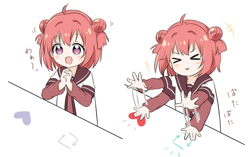 >_<, 1girl, ahoge, akaza_akari, double_bun, hands_clasped, m00000st18, nanamori_school_uniform