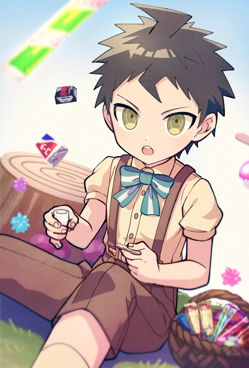1boy, :o, ahoge, bangs, basket, blush, bow, bowtie