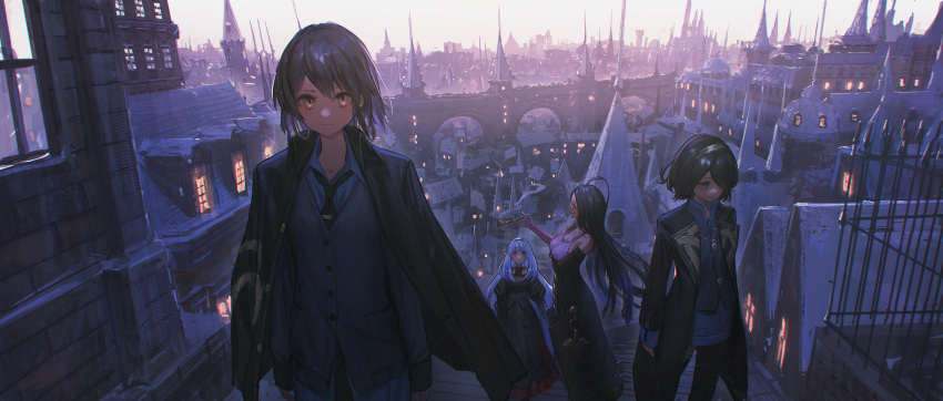 4girls, absurdres, ahoge, alchemy_stars, bangs, black_hair, breasts, brown_eyes
