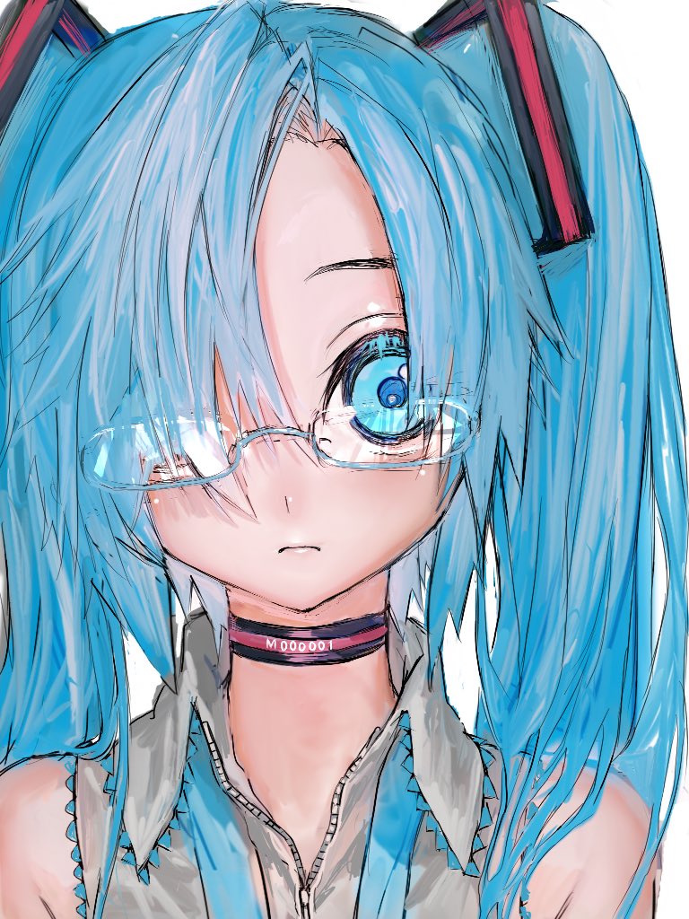 1girl, aqua_eyes, aqua_hair, choker, collared_shirt, expressionless, glasses, grey_shirt