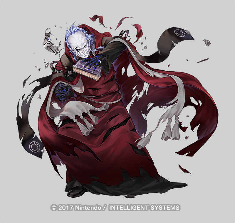 1boy, balding, black_eyes, company_name, fire_emblem, fire_emblem:_three_houses, fire_emblem_heroes, full_body, gloves, holding, holding_weapon, looking_at_viewer, majiji, male_focus, official_art, robe, solo, solon_(fire_emblem), weapon, white_hair