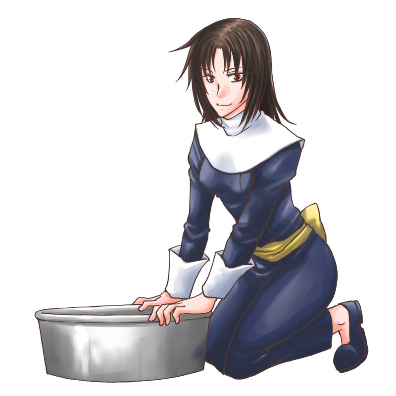 brown_hair, dress, female, kneeling, long_hair, miyaky, red_eyes, sarah_(suikoden_i)