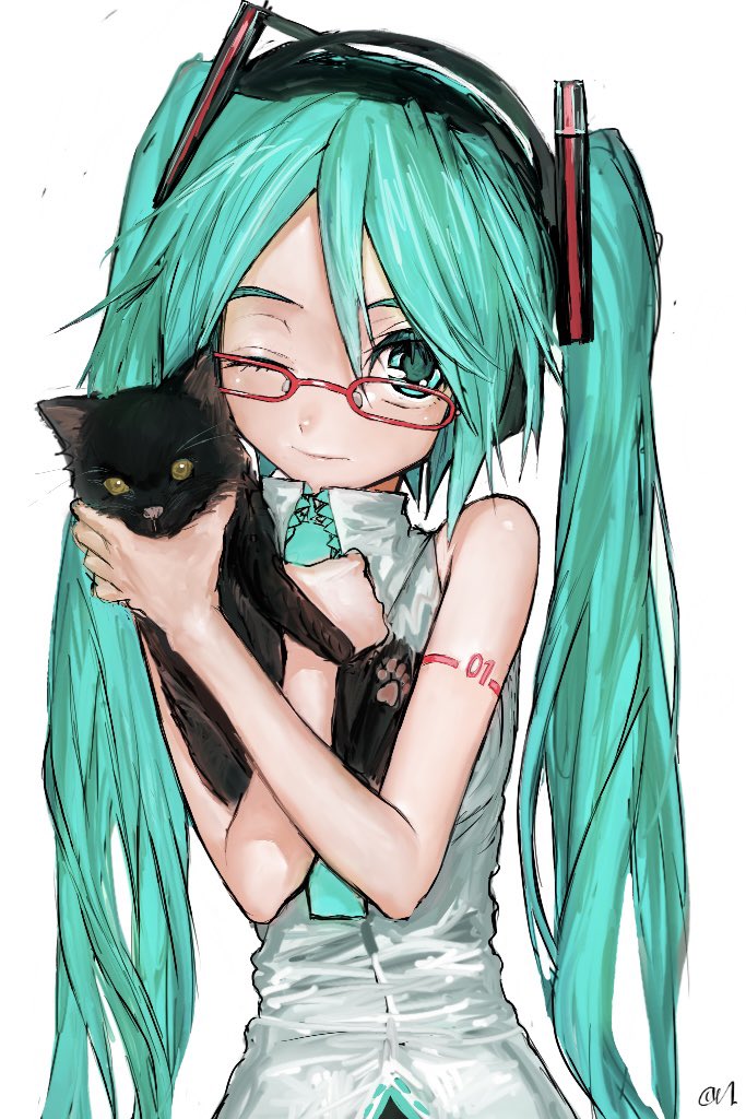1girl, animal, aqua_eyes, aqua_hair, aqua_neckwear, black_cat, cat, glasses