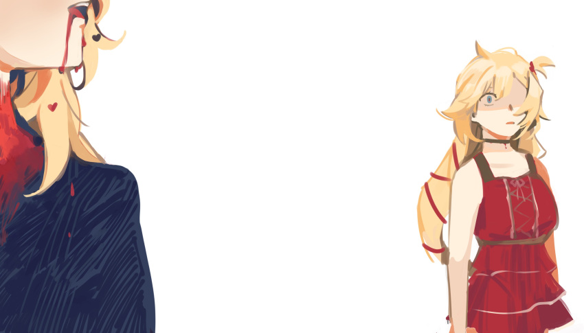 2girls, absurdres, ahoge, akai_haato, bangs, black_dress, blonde_hair, blood
