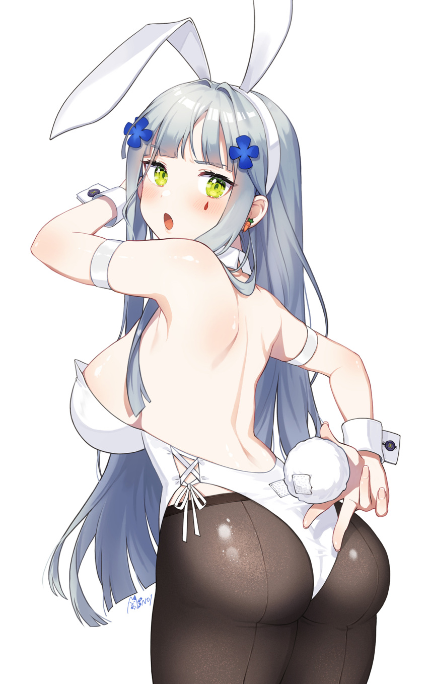 animal_ears, back, bangs, blush, breasts, bunny_tail, carrot_earrings, commentary_request
