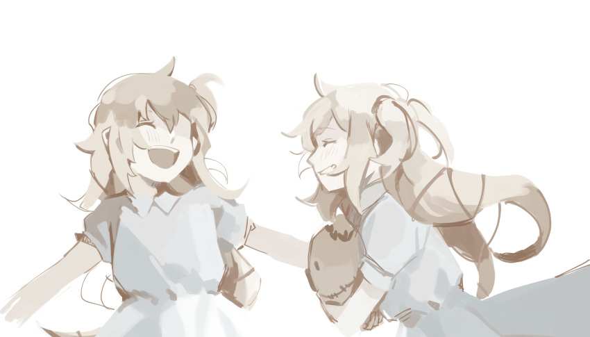 2girls, absurdres, ahoge, akai_haato, bangs, blonde_hair, blue_dress, blush