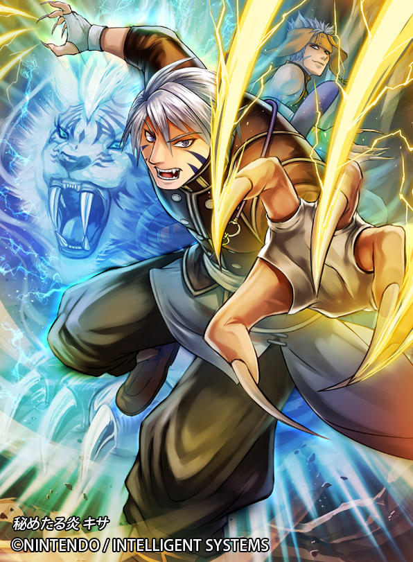 2boys, animal_ears, blue_hair, cat_ears, claws, company_name, facial_tattoo, fire_emblem, fire_emblem:_radiant_dawn, fire_emblem_cipher, full_body, headband, incoming_attack, kyza_(fire_emblem), looking_at_viewer, male_focus, multiple_boys, nekobayashi, official_art, open_mouth, ranulf_(fire_emblem), tattoo, white_hair