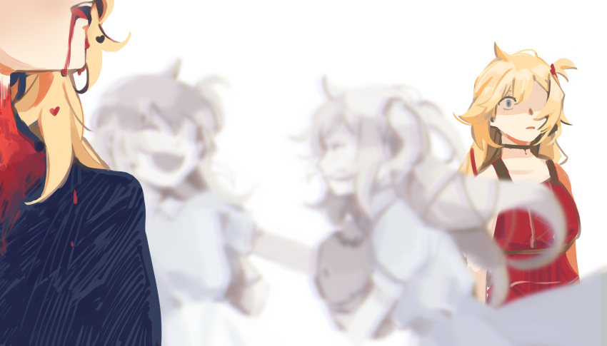 2girls, absurdres, ahoge, akai_haato, bangs, black_dress, blonde_hair, blood