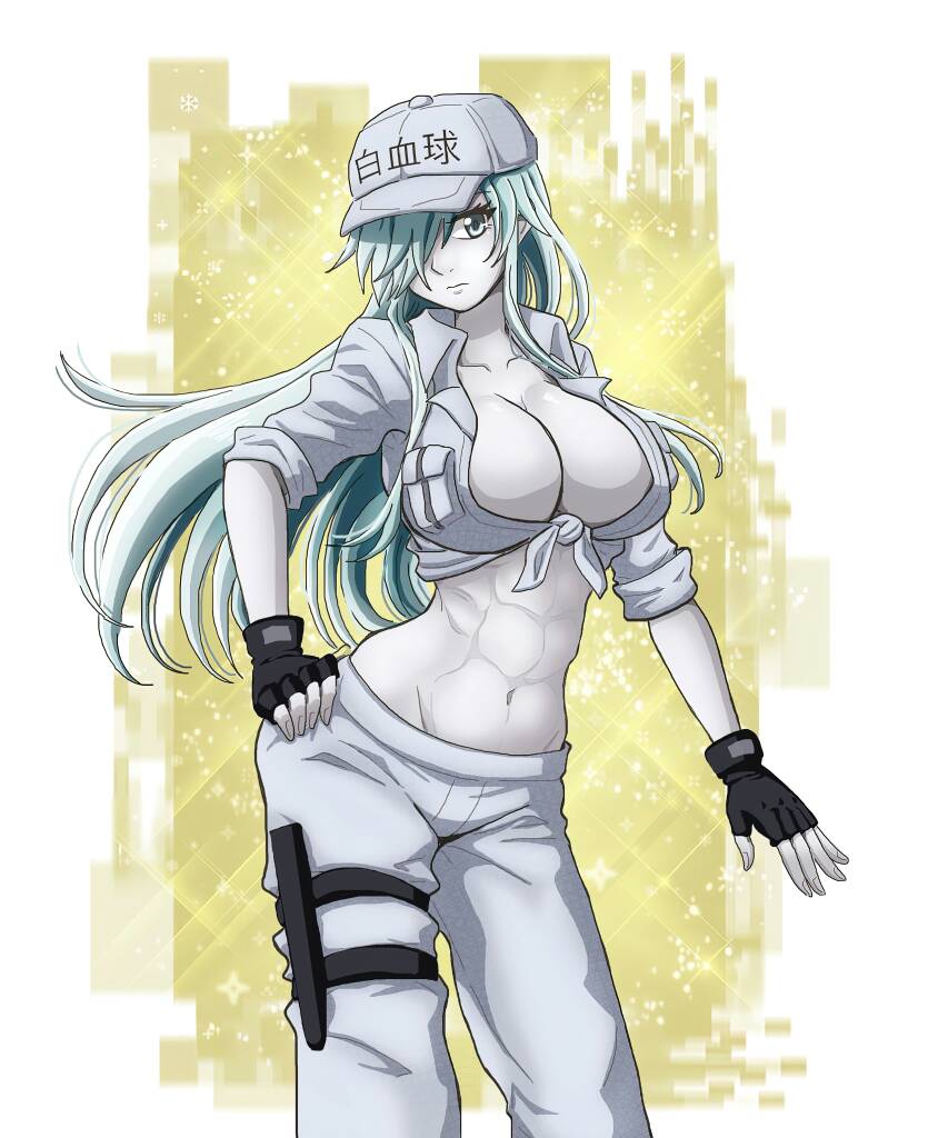 abs, collared_coat, colored_skin, commission, employee_uniform, front-tie_top, hataraku_saibou, hataraku_saibou_black