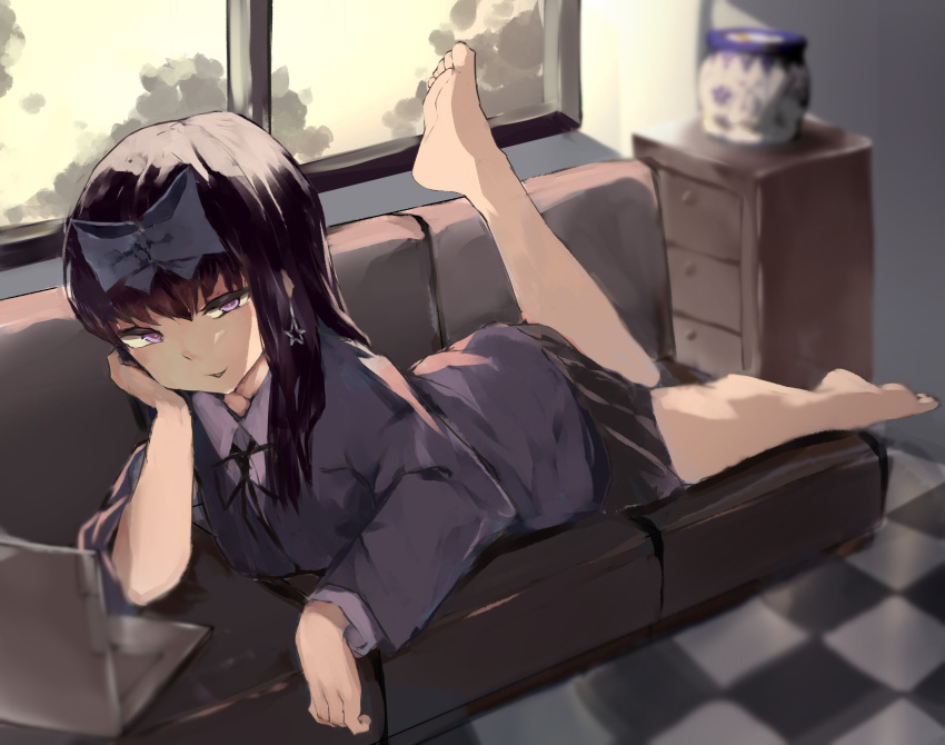1girl, bangs, barefoot, black_hair, black_neckwear, black_ribbon, black_skirt, blue_bow