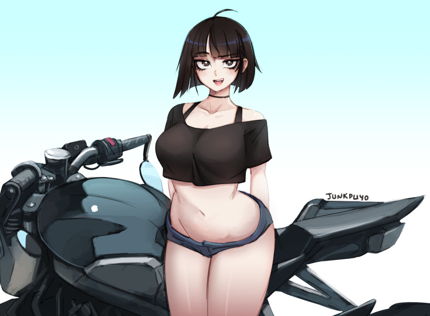 1girl, ahoge, bangs, banned_artist, black_choker, blunt_bangs, bob_cut, bra_strap, breasts, choker, crop_top, eyebrows_visible_through_hair, eyeliner, ground_vehicle, highres, june_kim, junkpuyo, large_breasts, makeup, motor_vehicle, motorcycle, navel, open_mouth, original, short_hair, short_shorts, shorts, thighs