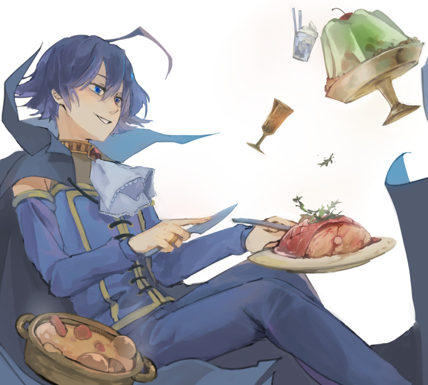 absurdres, ahoge, blue_cape, blue_eyes, blue_hair, blue_pants, blue_shirt, cape, cravat, food, gelatin, grin, highres, huisang0000, jewelry, knife, mairimashita!_iruma-kun, meat, pants, plate, ring, shirt, sitting, smile, stew, suzuki_iruma