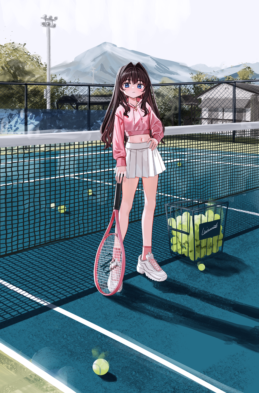 1girl, ball, bangs, blue_eyes, blush, brown_hair, chain-link_fence, closed_mouth
