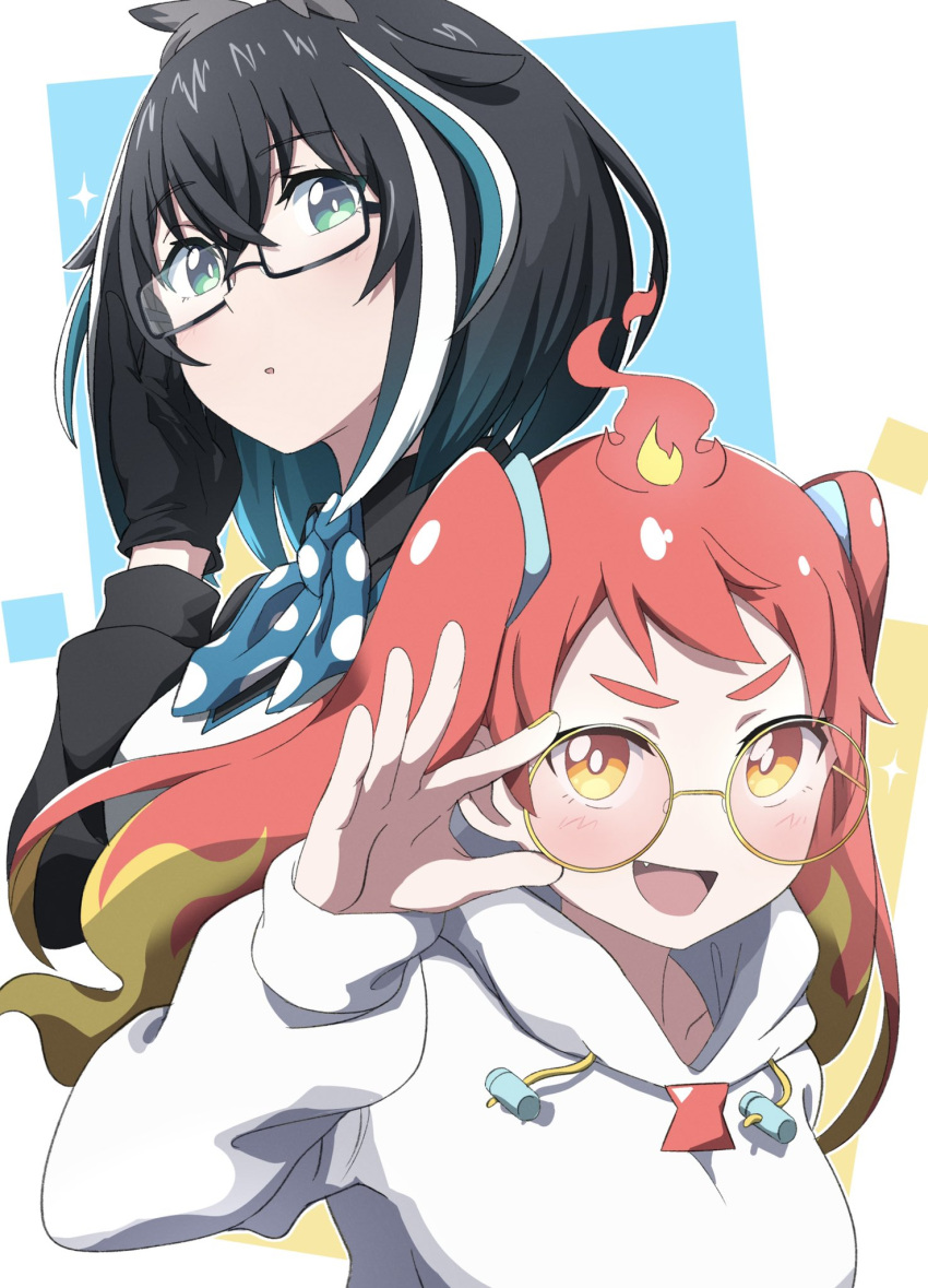 2girls, :d, adjusting_eyewear, ahoge, aimusu, animare, black-framed_eyewear, black_gloves