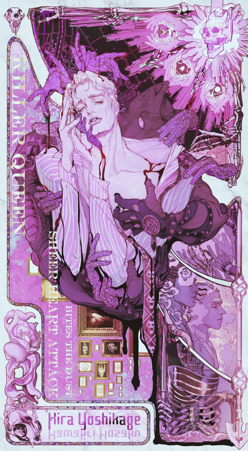 1boy, 1other, absurdres, animal_skull, arrow_(jojo), character_name, chinese_commentary, cinderella_(stand)