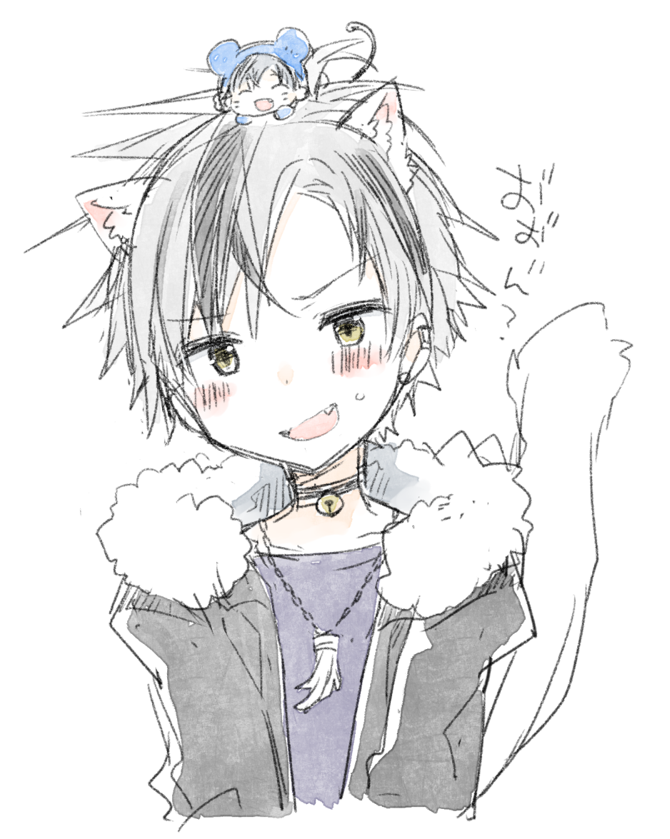 2boys, animal_ear_fluff, animal_ears, bangs, bell, black_choker, black_hair, black_jacket