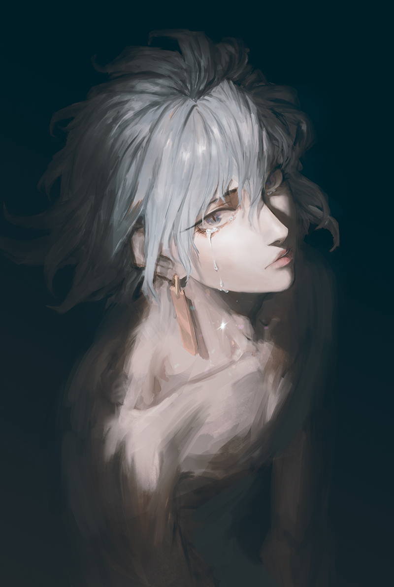 1boy, bishounen, blue_background, blue_eyes, collarbone, crying, crying_with_eyes_open, demigod_(intemind), earrings, glint, grey_hair, hair_between_eyes, intemind, jewelry, long_eyelashes, looking_at_viewer, male_focus, original, parted_lips, shirtless, simple_background, slit_pupils, solo, tears, teeth, upper_teeth