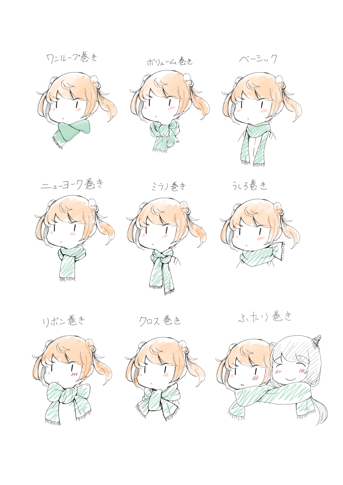 2_(f211m289), 2girls, ^_^, black_hair, blush, brown_hair, closed_eyes, face, fusou_(kancolle), kantai_collection, long_hair, michishio_(kancolle), multiple_girls, multiple_views, partially_colored, scarf, shared_scarf, short_hair, short_twintails, smile, translation_request, twintails, upper_body, variations, yuri, |_|