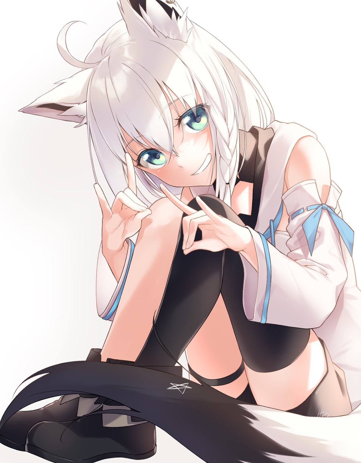 1girl, ahoge, animal_ear_fluff, animal_ears, bangs, black_footwear, black_legwear, black_shorts
