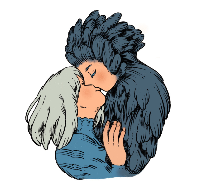 1boy, 1girl, birdfrogdraws, black_feathers, blue_dress, closed_eyes, dress, grey_hair