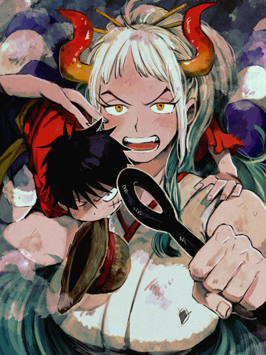 1boy, 1girl, bare_arms, bare_shoulders, black_legwear, carrying, club, curled_horns