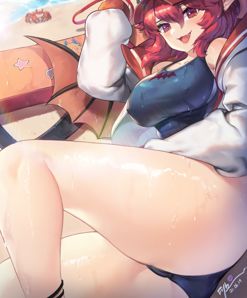 1girl, absurdres, bangs, baseball_cap, beach, breasts, collarbone, competition_swimsuit