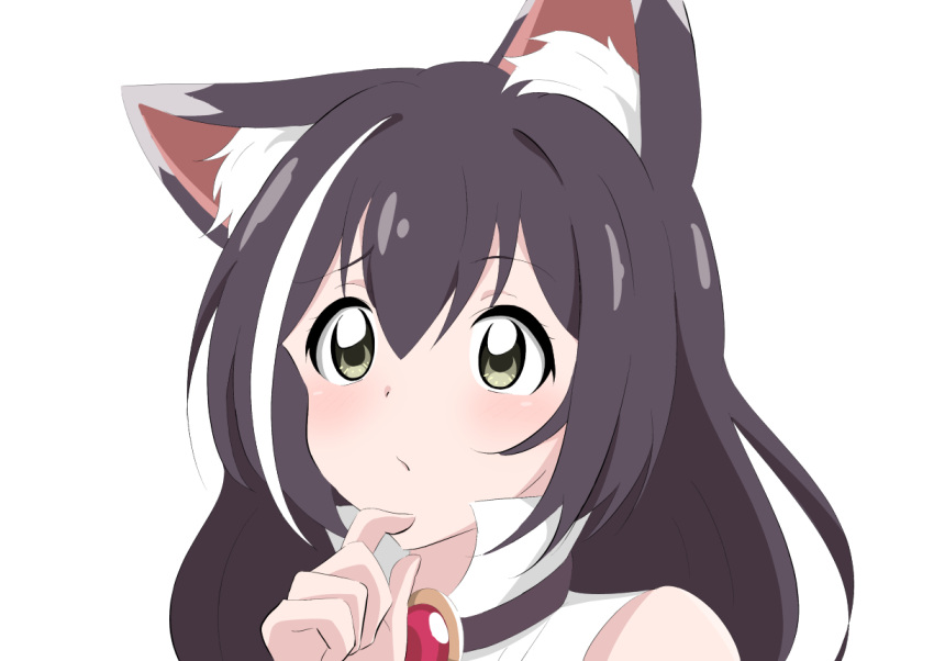 animal_ears, black_hair, blush, cat_ears, cat_girl, closed_mouth, eyebrows_visible_through_hair, green_eyes