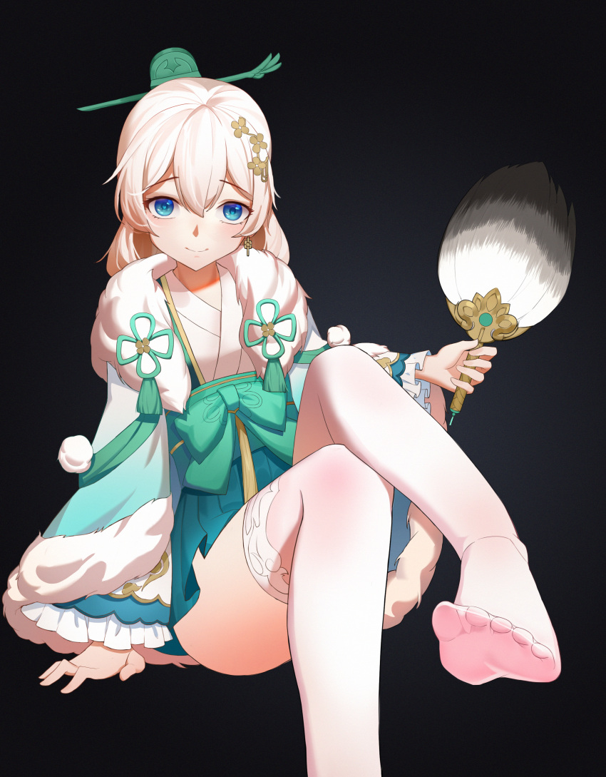 1girl, absurdres, bangs, black_background, blue_eyes, chinese_clothes, fan, hair_between_eyes