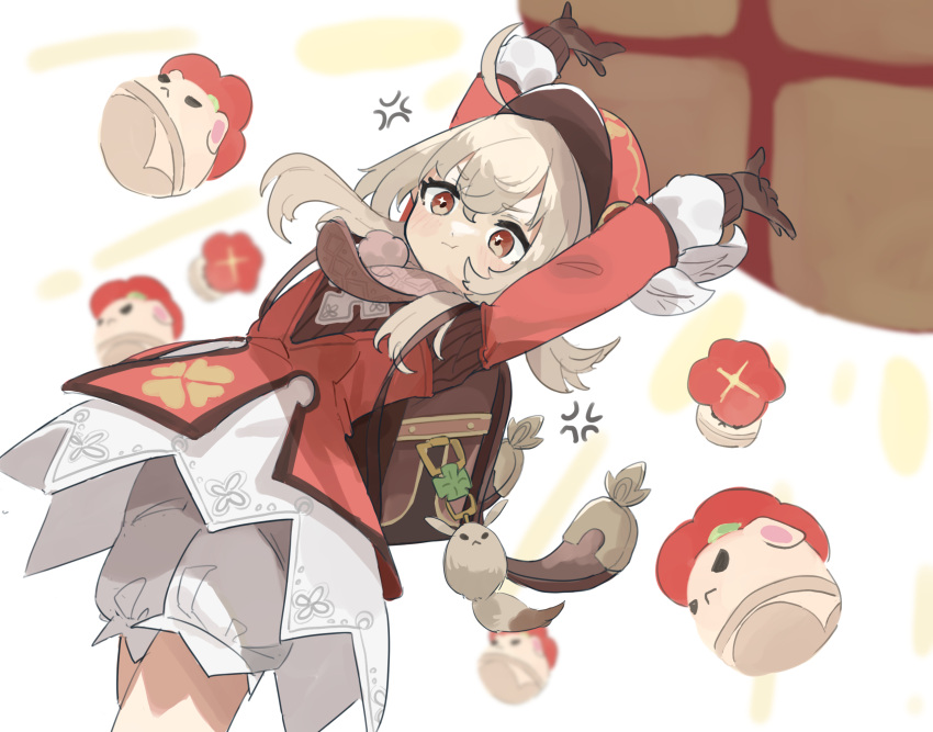 +_+, 1girl, :t, ahoge, ainkun, anger_vein, arms_up, backpack, bag, bag_charm, bangs, bloomers, blurry, brown_eyes, brown_gloves, brown_scarf, cabbie_hat, charm_(object), clover_print, coat, commentary_request, depth_of_field, dodoco_(genshin_impact), eyebrows_visible_through_hair, from_below, genshin_impact, gloves, hair_between_eyes, hat, hat_feather, hat_ornament, highres, jumpy_dumpty, klee_(genshin_impact), long_hair, looking_at_viewer, looking_down, low_twintails, pocket, pointy_ears, pout, randoseru, red_coat, red_headwear, scarf, sidelocks, silver_hair, simple_background, solo, symbol-shaped_pupils, twintails, underwear, white_background