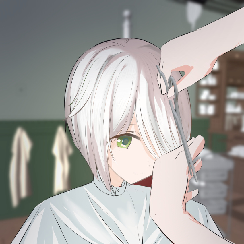 2girls, alternate_hair_length, alternate_hairstyle, altina_orion, bob_cut, cutting_hair, eiyuu_densetsu, green_eyes