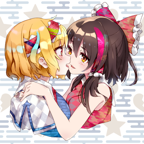 2girls, alice_margatroid, bangs, blonde_hair, blue_dress, blue_hair, bow, breasts