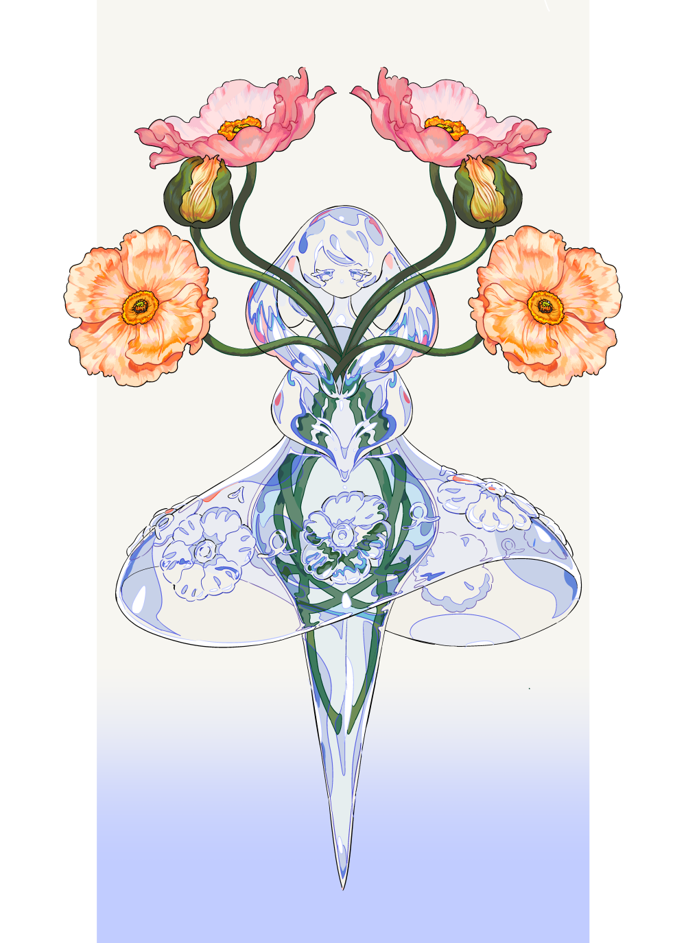 beige_background, border, bud, crystal, dress, engraved, eyelashes, faceless