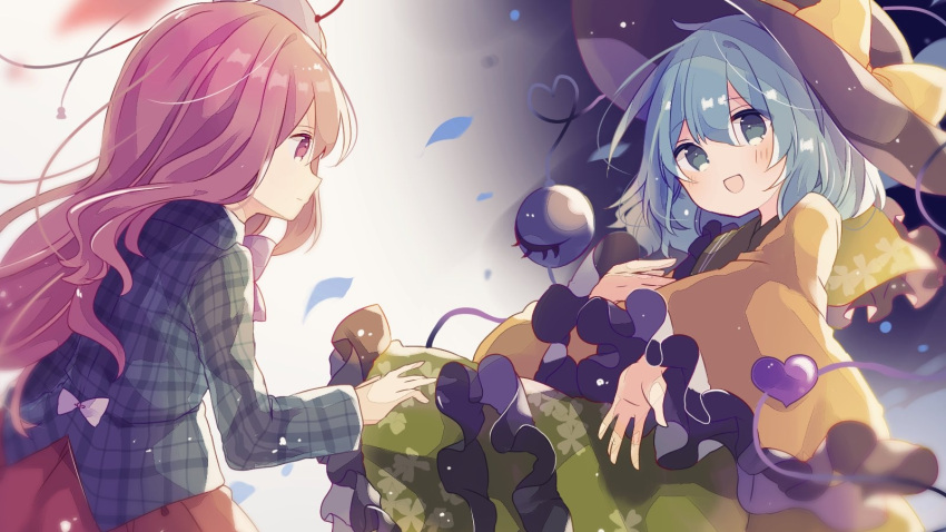 2girls, bangs, black_headwear, blur, bow, closed_mouth, floral_print, frilled_sleeves