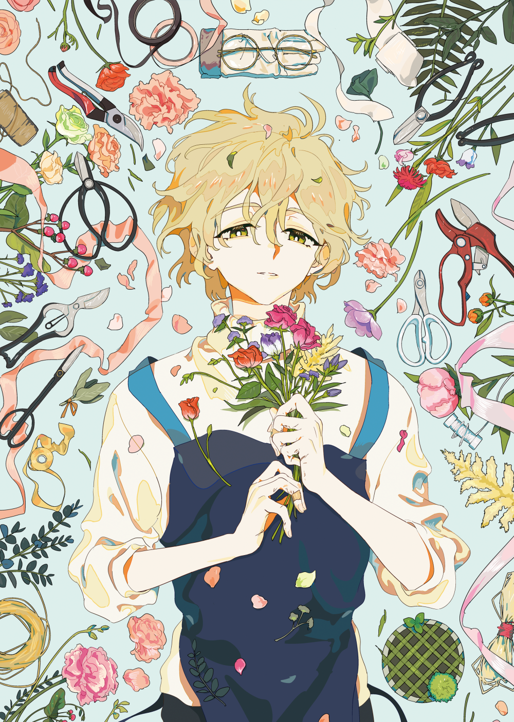1boy, apron, bandaid, bandaid_on_hand, bishounen, blonde_hair, blue_apron, bouquet, bud, clover, eyebrows_visible_through_hair, eyelashes, eyewear_removed, fig, fingernails, flower, flower_request, glasses, grass, green_flower, green_rose, hair_between_eyes, hands_up, highres, leaf, light_blue_background, light_smile, long_sleeves, looking_at_viewer, male_focus, manhole, orange_flower, original, parted_lips, petals, pink_flower, pink_rose, purple_flower, qqmng, red_flower, red_rose, rose, scissors, shears, shirt, simple_background, spool, tape, tsurime, turtleneck, white_flower, work_gloves, yellow_eyes, yellow_flower, yellow_rose, yellow_shirt