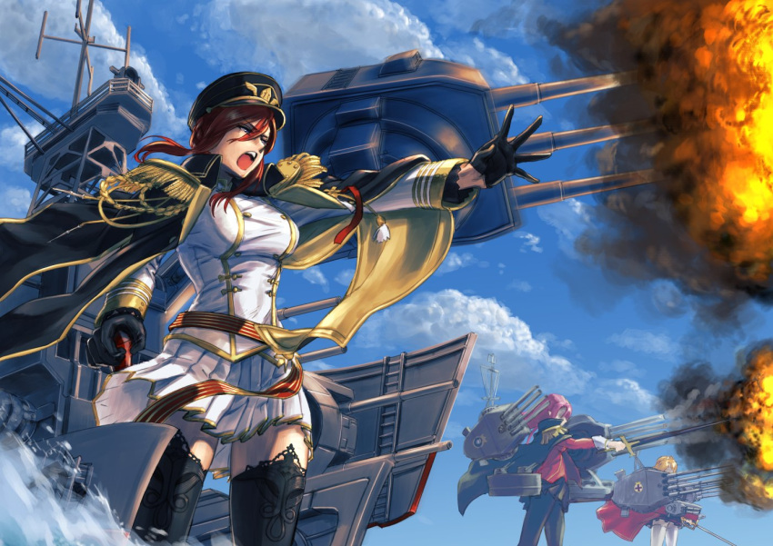 3girls, agenakataira777, aiguillette, artillery, azur_lane, black_coat, black_gloves, black_headwear