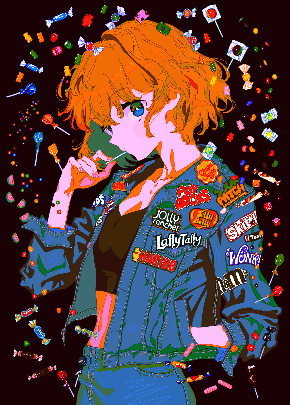 1girl, black_background, blue_eyes, bowl_cut, candy, candy_wrapper, chocolate, clothes_writing, collarbone, colorful, cowboy_shot, crop_top, denim, denim_jacket, eyebrows_visible_through_hair, eyes_visible_through_hair, fingernails, flat_chest, food, food_in_mouth, gummy_bear, hand_in_jacket, hand_up, haribo, highres, jacket, jeans, jelly_bean, lollipop, looking_at_viewer, m&amp;m's, midriff, orange_hair, original, pants, pink_nails, product_placement, qqmng, shiny, shiny_hair, short_hair, simple_background, solo, sweets