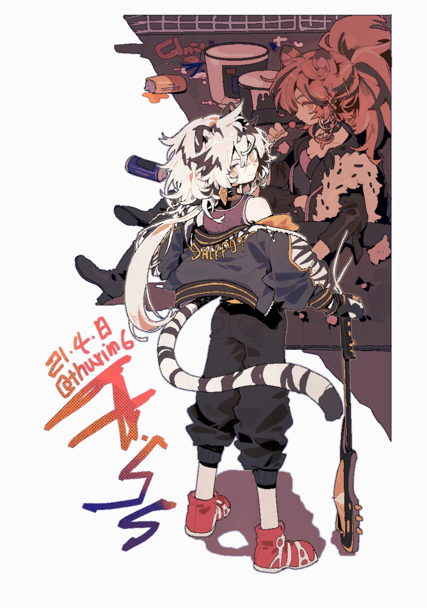 2girls, alternate_costume, animal_ear_fluff, animal_ears, arknights, black_footwear, black_gloves, black_jacket, black_pants, black_shorts, blonde_hair, boots, bracelet, braid, breasts, candy, couch, dated, earrings, food, from_behind, gloves, grey_jacket, guitar, highres, holding, holding_candy, holding_food, holding_instrument, hoop_earrings, indra_(arknights), instrument, jacket, jewelry, leather, leather_jacket, lion_ears, lion_girl, lollipop, looking_at_viewer, looking_back, medium_breasts, multicolored_hair, multiple_girls, necklace, off_shoulder, official_alternate_costume, on_couch, open_clothes, open_jacket, pants, ponytail, red_footwear, shoes, shorts, shoulder_spikes, siege_(arknights), sitting, sneakers, spikes, spray_can, strapless, streaked_hair, tail, thurim6, tiger_ears, tiger_girl, tiger_tail, tubetop, yellow_eyes