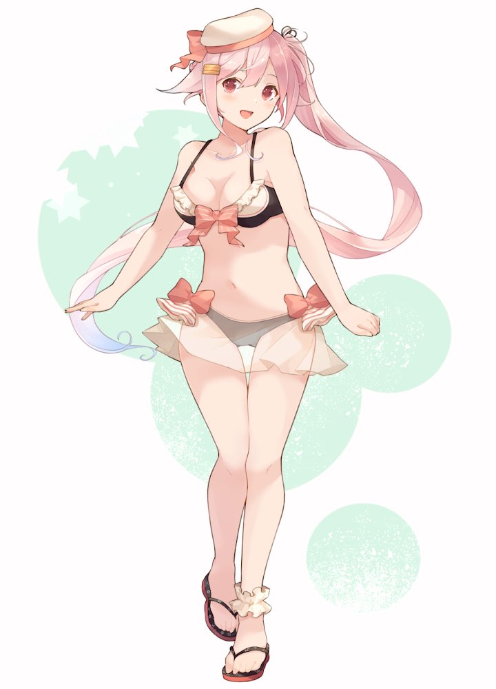 1girl, :d, bare_arms, bare_legs, barefoot, bikini, black_bikini, black_ribbon