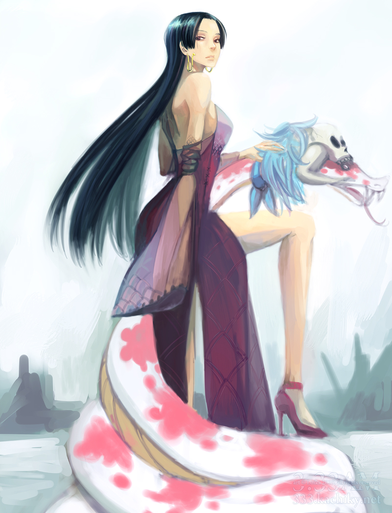 boa_hancock, breasts, dress, high_heels, jewelry, loika, long_hair, one_piece