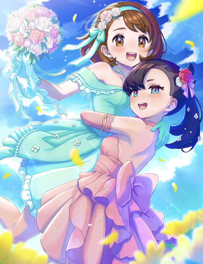 2girls, :d, alternate_costume, asymmetrical_bangs, bangs, bare_shoulders, bead_necklace, beads, blurry, blush, bob_cut, bouquet, breasts, brown_eyes, brown_hair, clouds, commentary_request, day, dress, dress_flower, elbow_gloves, eyelashes, flower, from_below, gloria_(pokemon), gloves, green_dress, green_eyes, green_gloves, green_hairband, hair_flower, hair_ornament, hair_ribbon, hairband, hand_on_another's_back, highres, holding, holding_bouquet, hug, jewelry, looking_at_viewer, marnie_(pokemon), multiple_girls, n2ewu, necklace, off-shoulder_dress, off_shoulder, open_mouth, outdoors, petals, pink_dress, pink_gloves, pink_ribbon, pokemon, pokemon_(game), pokemon_swsh, red_flower, ribbon, short_hair, shoulder_blades, sky, smile, tongue, upper_teeth, wife_and_wife, yuri