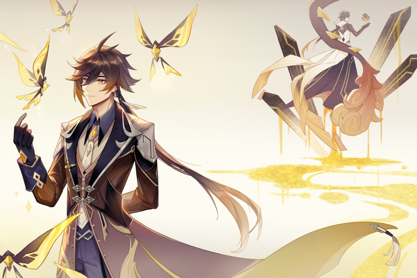 1boy, alternate_costume, arm_behind_back, arm_tattoo, back, baggy_pants, bangs, black_gloves, black_hair, brown_hair, bug, butterfly, coattails, collared_shirt, cowboy_shot, diamond-shaped_pupils, diamond_(shape), dragon, earrings, eastern_dragon, eyeliner, eyeshadow, floating, floating_object, formal, genshin_impact, gloves, gradient_hair, hair_between_eyes, hair_tie, hand_up, highres, honesitasakana, hood, hood_down, hooded_coat, insect, jacket, jewelry, levitation, light, liquid, long_hair, long_pants, long_sleeves, makeup, male_focus, multicolored_hair, necktie, orange_hair, pants, ponytail, red_eyeshadow, rex_lapis_(genshin_impact), rock, shadow, shirt, single_earring, smile, sparkle, suit, symbol-shaped_pupils, tassel, tassel_earrings, tattoo, toned, toned_male, very_long_hair, vest, yellow_eyes, zhongli_(genshin_impact)