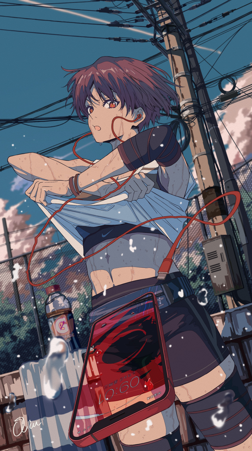 1girl, abs, absurdres, bike_shorts, black_bra, bottle, bra, bracelet, cellphone, chain-link_fence, clouds, earphones, fanny_pack, fence, headphones, highres, huge_filesize, jewelry, mainri-qin, open_mouth, original, outdoors, phone, power_lines, red_eyes, redhead, shirt, short_hair, signature, smartphone, solo, sports_bra, sweat, tomboy, towel, underwear, undressing, utility_pole, white_shirt